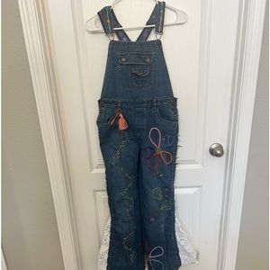 Boho overalls- old navy sz 14, hand embroidery w/added bottom bell lace